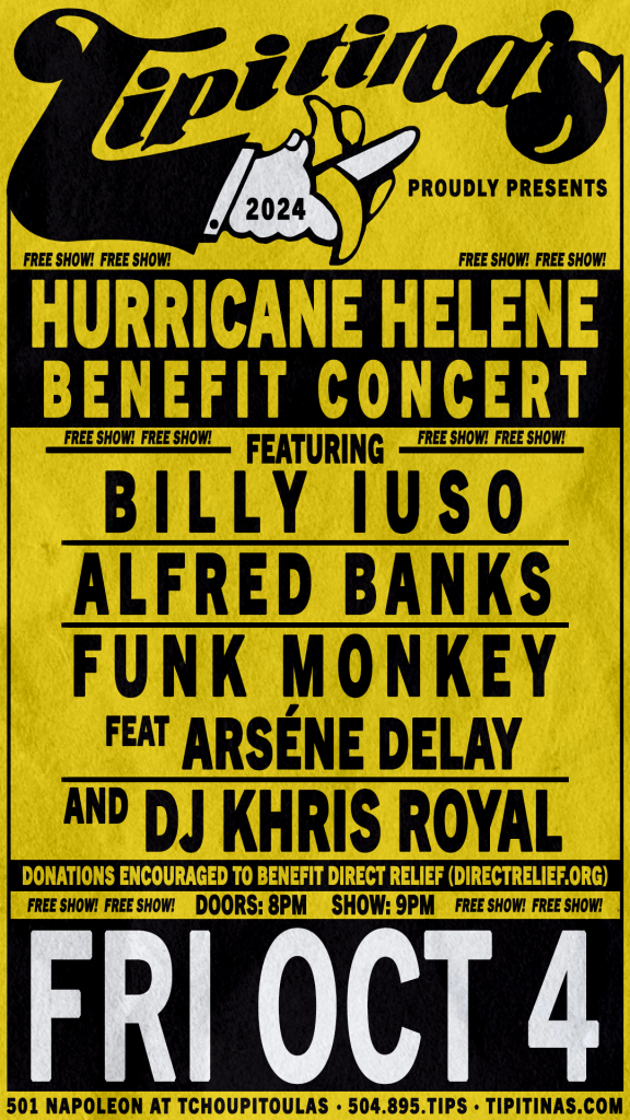 Tipitina's Presents Hurricane Helene Benefit Concert Oct. 4