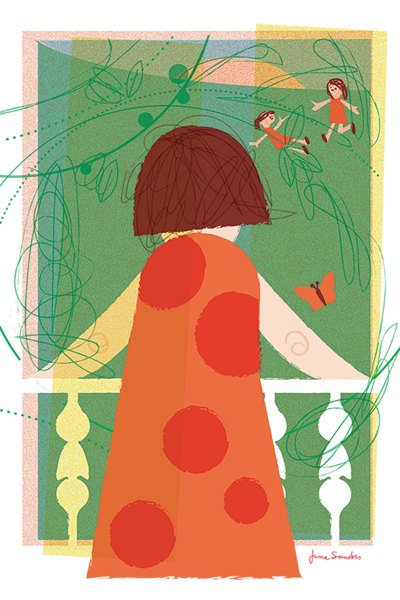 Stylized artwork of a woman leaning across balcony, looking at two girls playing in the grass outside.