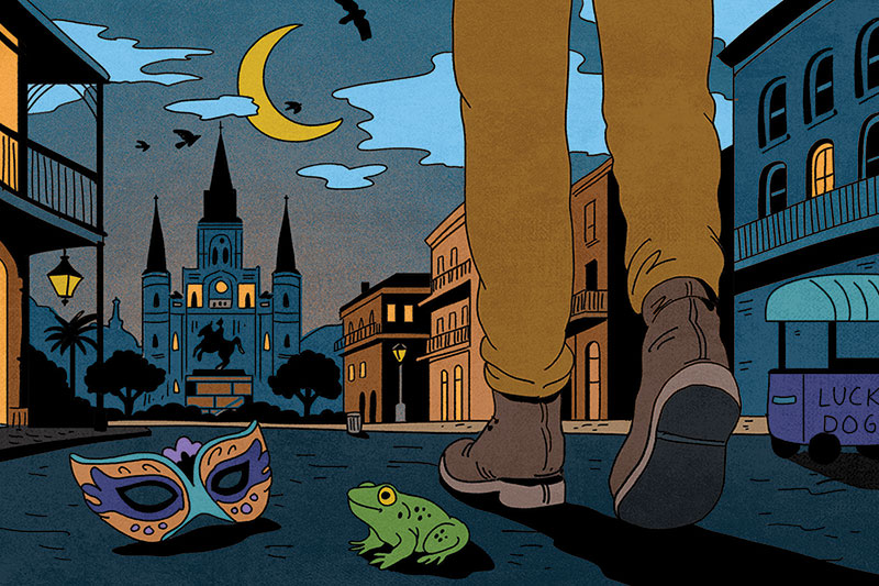 Stylized artwork of a person walking towards Jackson Square. We only see their legs, a mask on the ground, and a frog also on the ground.