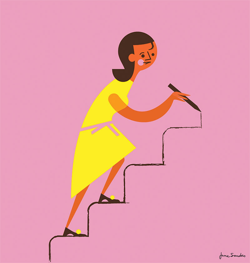 Stylized illustration of woman walking up stairs as she's drawing them