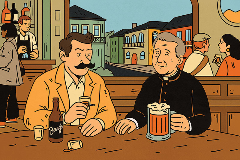 Stylized illustration of two men in a bar, sitting at a table