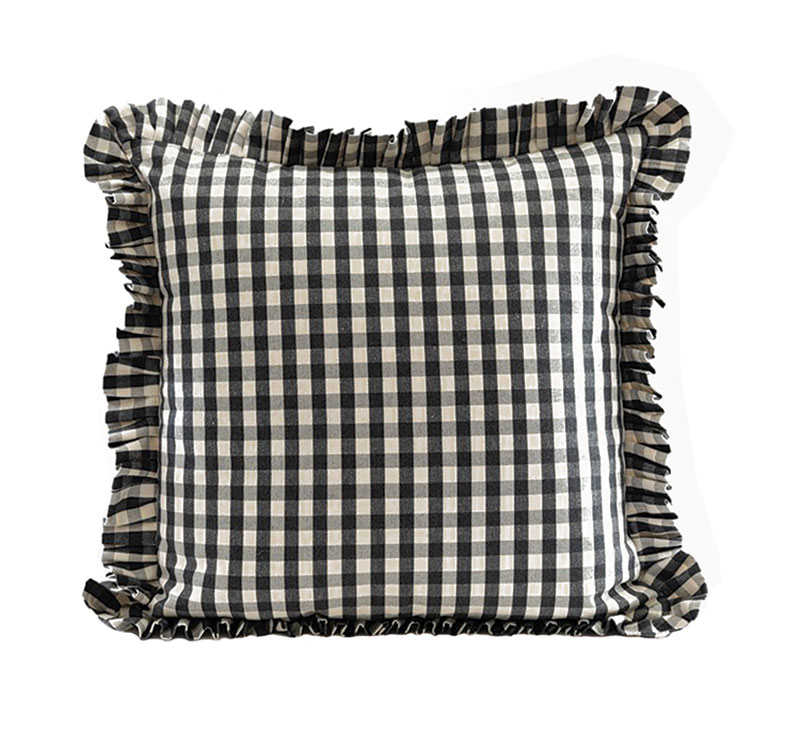 Black and white gingham pillow with ruffled edges