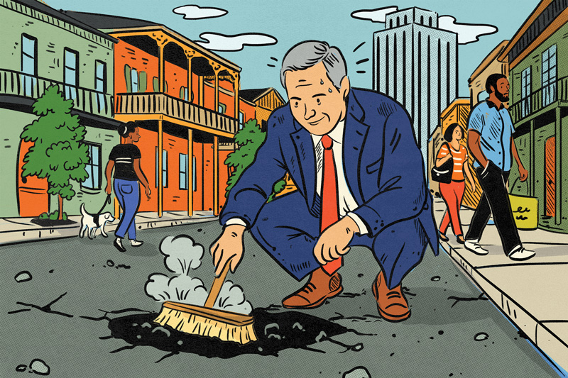 Hope Stylized illustration of a politician in a blue suit, bending down to fix a pothole.