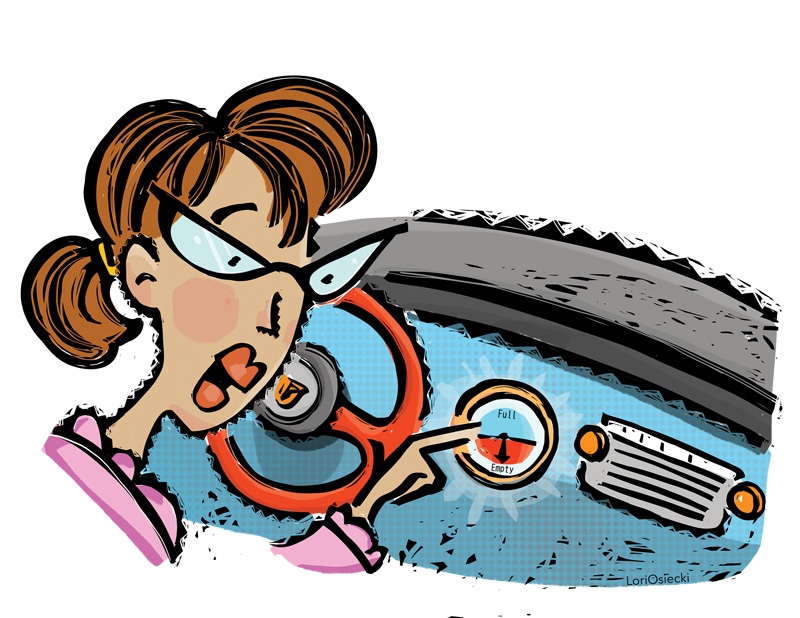Stylized art of Modine Gunch (brunette woman with glasses), in car, pointing at the empty on her car dash
