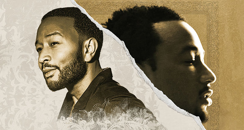 Stylized edit of two photos of John Legend separated by a paper rip; left photo is photo from the shoulder up, looking to the left; right photo is a more shadowed close up