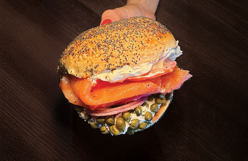 Bagel with lox and cream cheese.