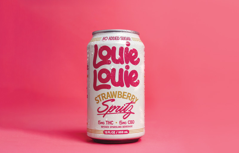 Bar Tab: Oktoberfest, Louie Louie's New Flavor & More Louie Louie's Strawberry Spritz THC/CBD seltzer. The can is white and the text on it is magenta.