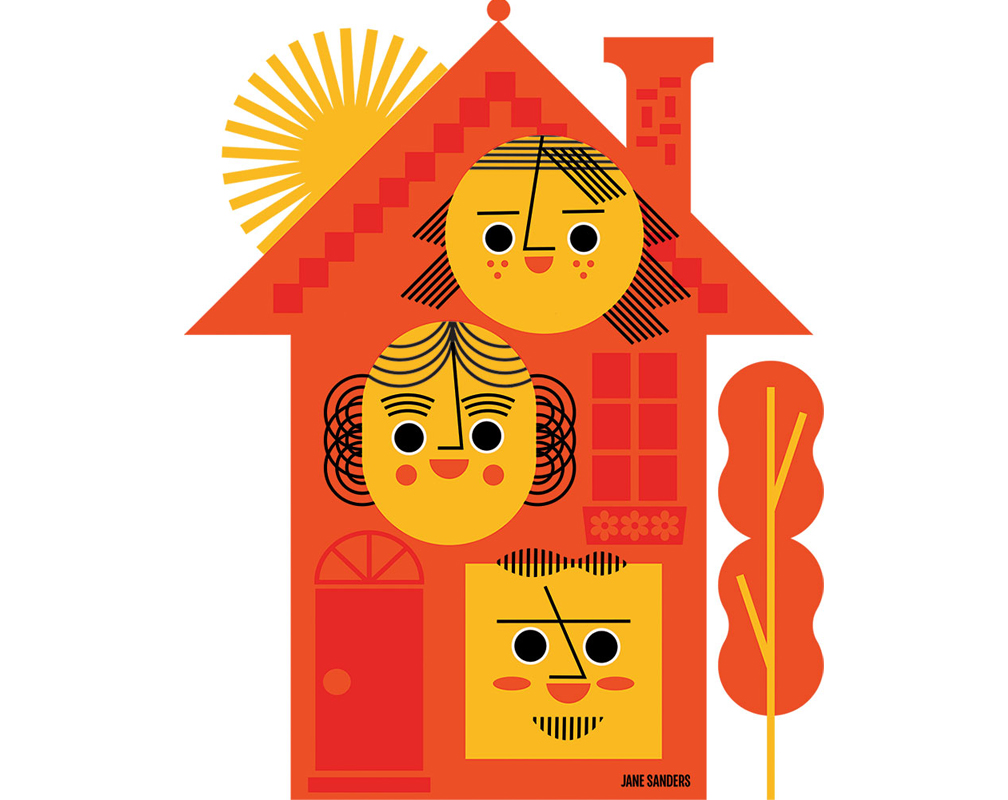 Stylized geometric art of a red and orange with three shapes (circle, oblong oval, and a square) with each shape having eyes, a mouth, and hair.