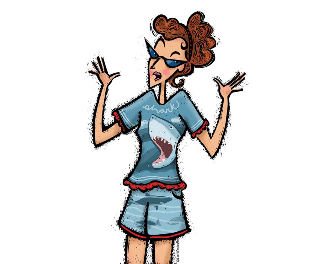 Stylized art of Modine Gunch in a matching shark t-shirt and shorts set, throwing her hands up.