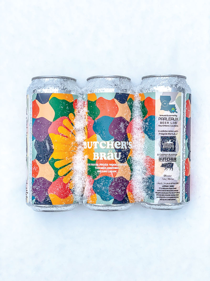 Three Butcher’s Brau cans by Parleaux Beer Lab –– featuring patches of uneven colorblocks