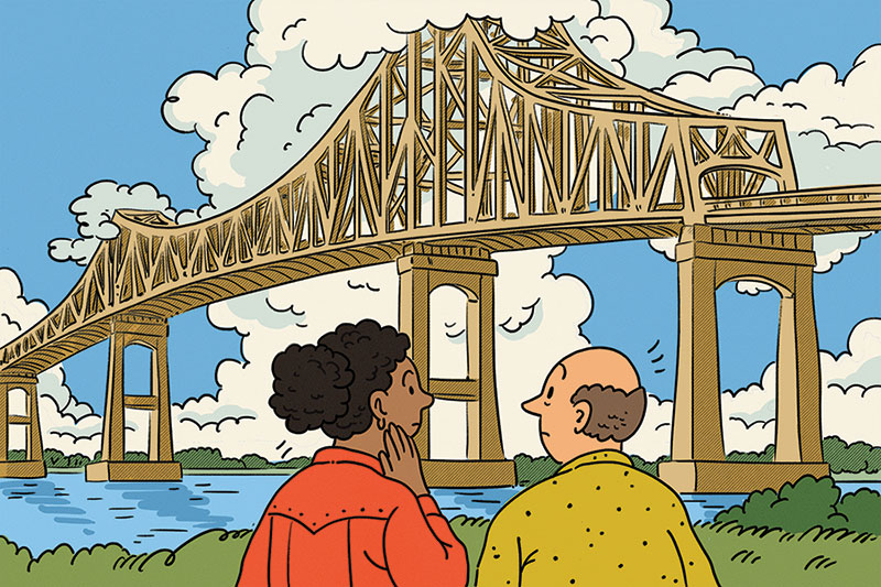 Stylized illustration of two people looking up at a bridge