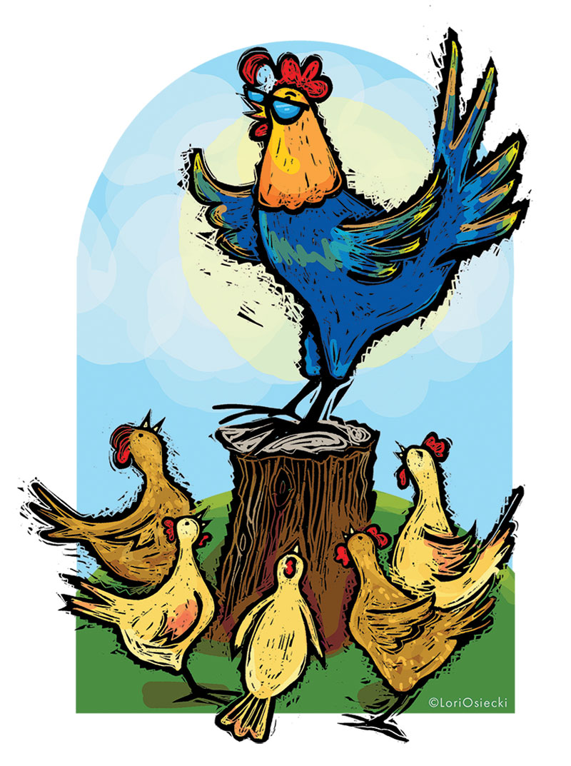 Stylized art of a rooster with sunglasses standing atop a tree stump while 5 hens look upward towards him