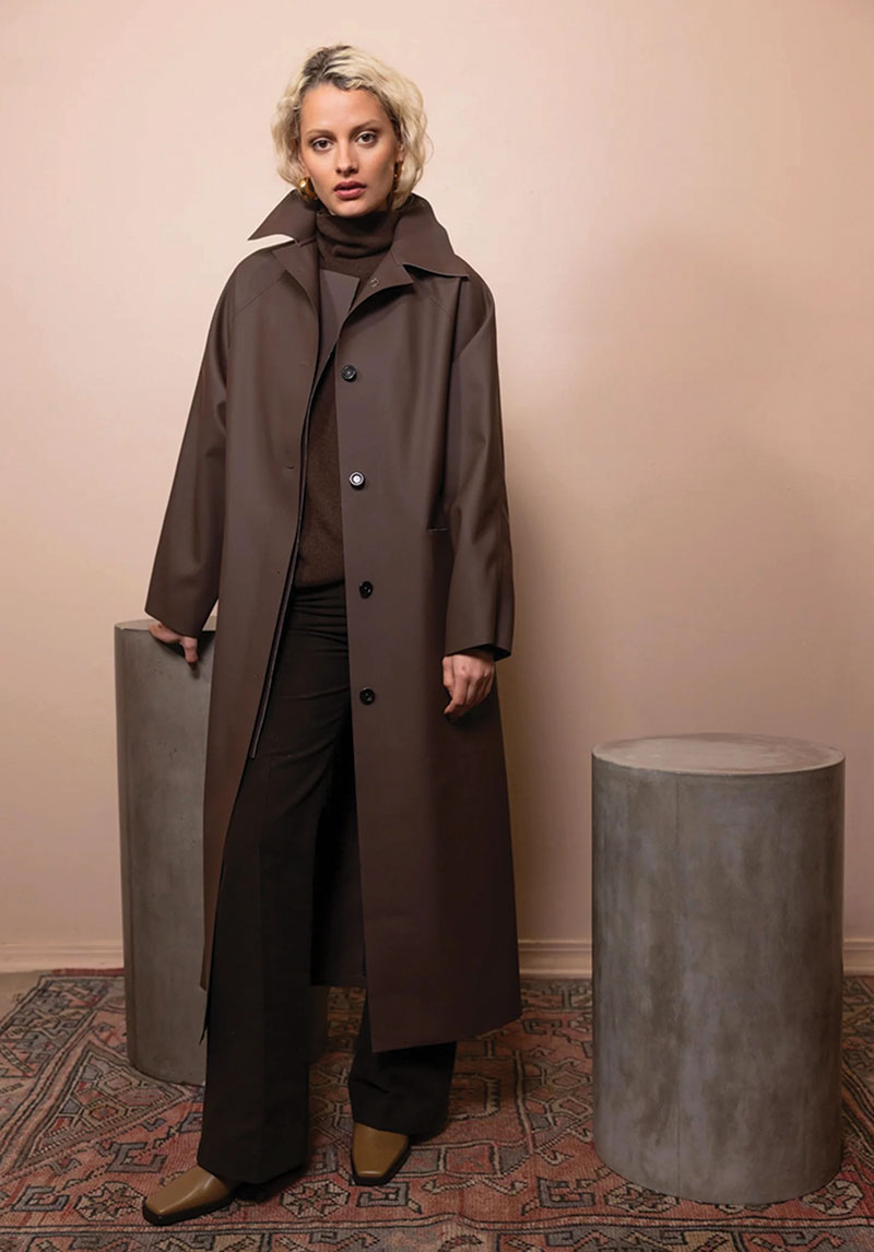 Equestrian-Inspired Fashion For Fall Model wearing long brown rubber coat