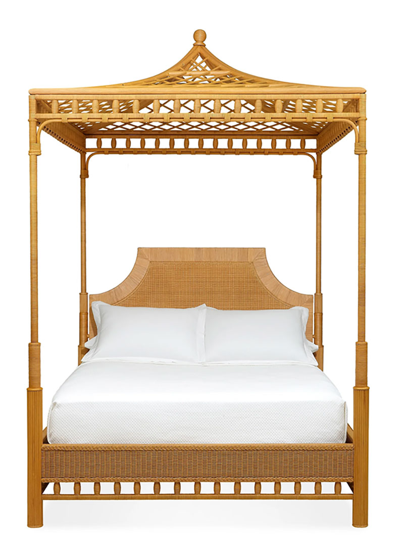 Elegant and exotic, this rattan pagoda-style canopy bed brings magic and enchantment into the bedroom.