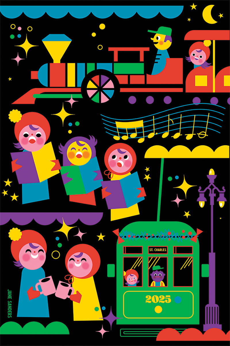 Flat, stylized illustrations of people celebrating the holidays in New Orleans. In the bottom left there are two people clinking mugs of hot cocoa; in the bottom right is a Christmas-decorated streetcar. Above the two illustrations is an illustration of a group of carolers. Above the carolers is an illustration of a train. 