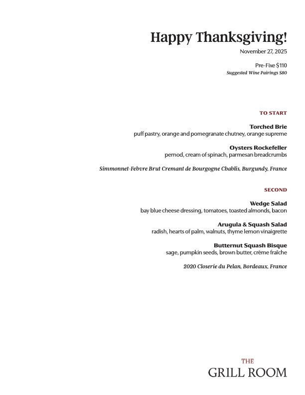 The Grill Room Hosts Special Thanksgiving Menu The Grill Room Hosts Special Thanksgiving Menu