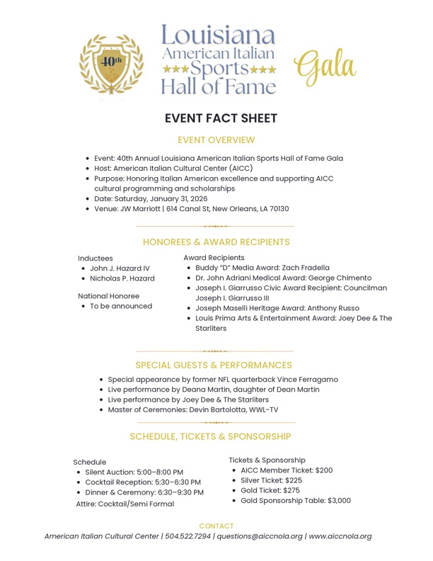 40th Annual Louisiana American Italian Sports Hall of Fame Gala in 2026 40th Annual Louisiana American Italian Sports Hall of Fame Gala in 2026
