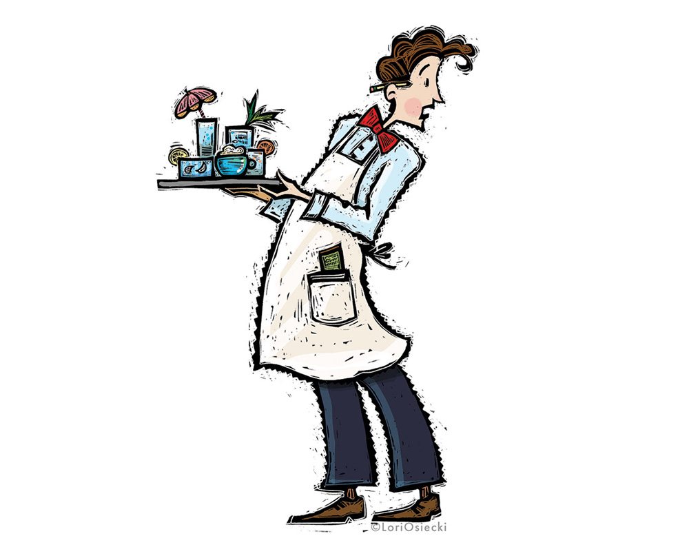 Stylized art of a male waiter holding a tray of drinks