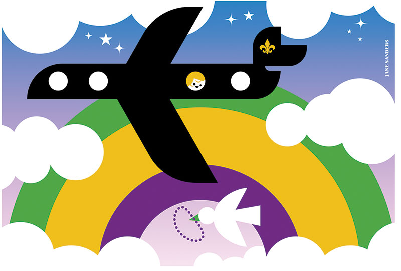Stylized art of a plane flying in the sky with a small fleur de lis on the tail, and an open window with someone looking outside to a bird carrying Mardi Gras beads