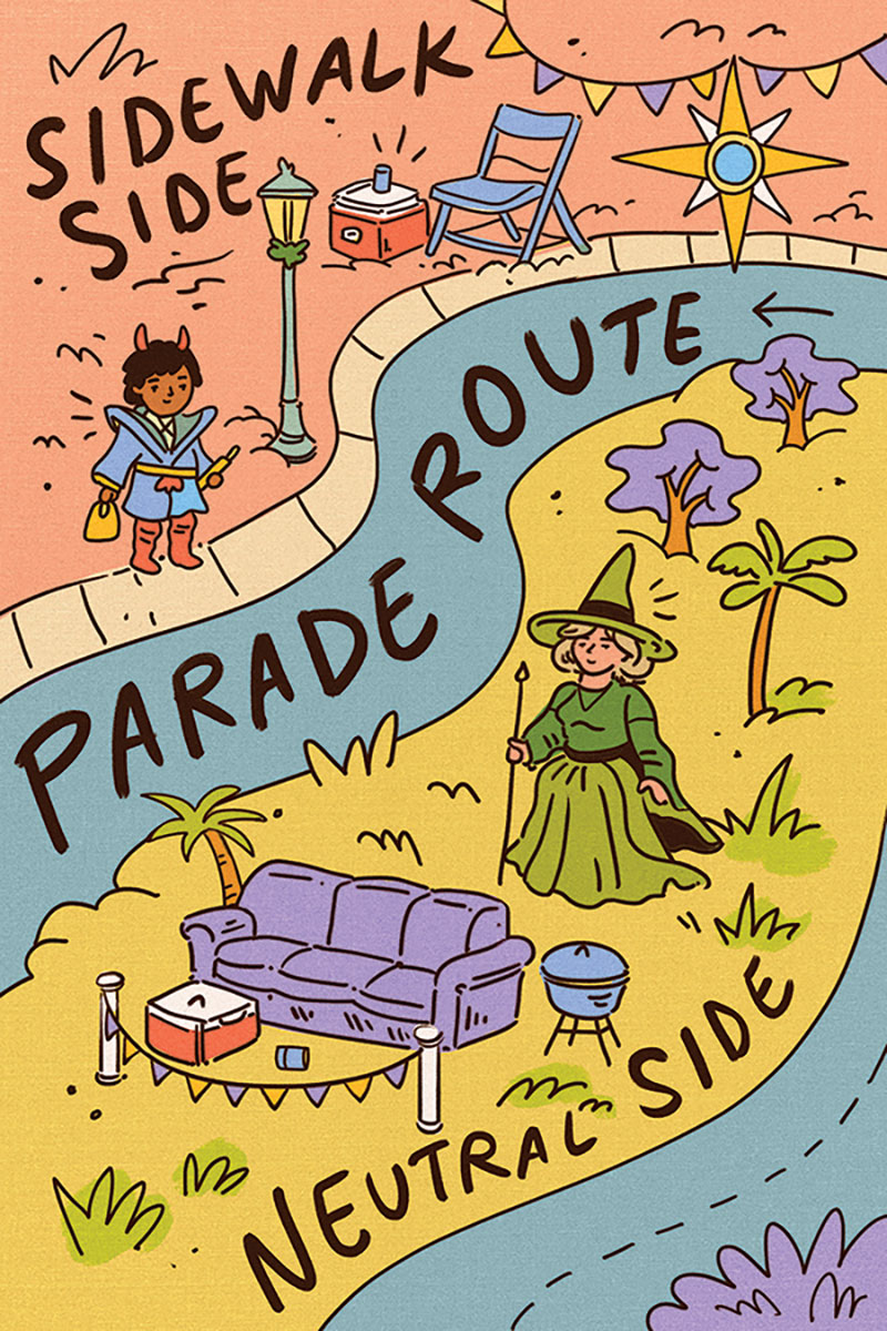 Stylized art of the anatomy of a parade route (sidewalk side, parade route, and neutral side)