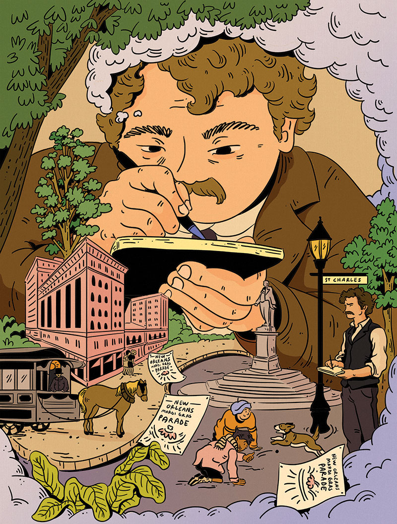 Stylized image of a man writing on a notepad. In front of him lay some landmarks to early New Orleans (e.g. St. Charles street sign) and a few posters floating in the air that say "New Orleans Mardi Gras Parade" there are also people walking the street, playing with the dog in the street, and a horse leading a cart