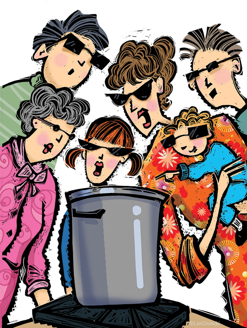 A stylized family of six looking into a big cooking pot