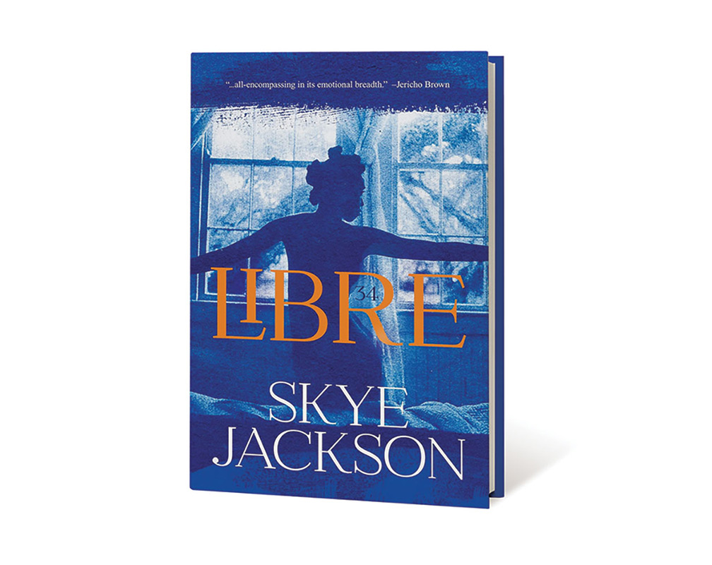 Libre by Skye Jackson book cover - features a photo of the silhouette of an African American woman in front of windows with the blinds drawn. Her arms are raised up to her shoulders, unevenly, and she's looking to her right. The cover photo has been manipulated so that all the colors are in hues of blues.