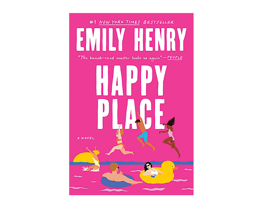 Happy Place by Emily Henry book cover -- features a group of size people having fun in a lake against a bright magenta background.