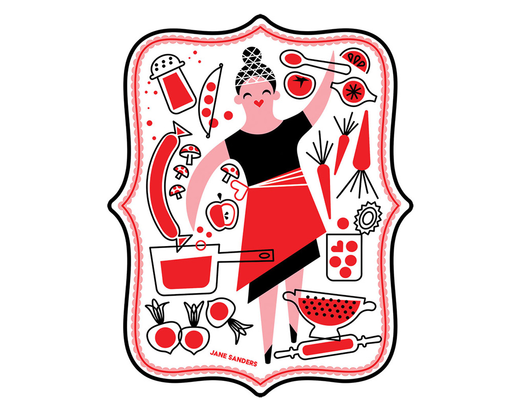 Stylized vector art of a woman cooking, with many ingredients floating around her